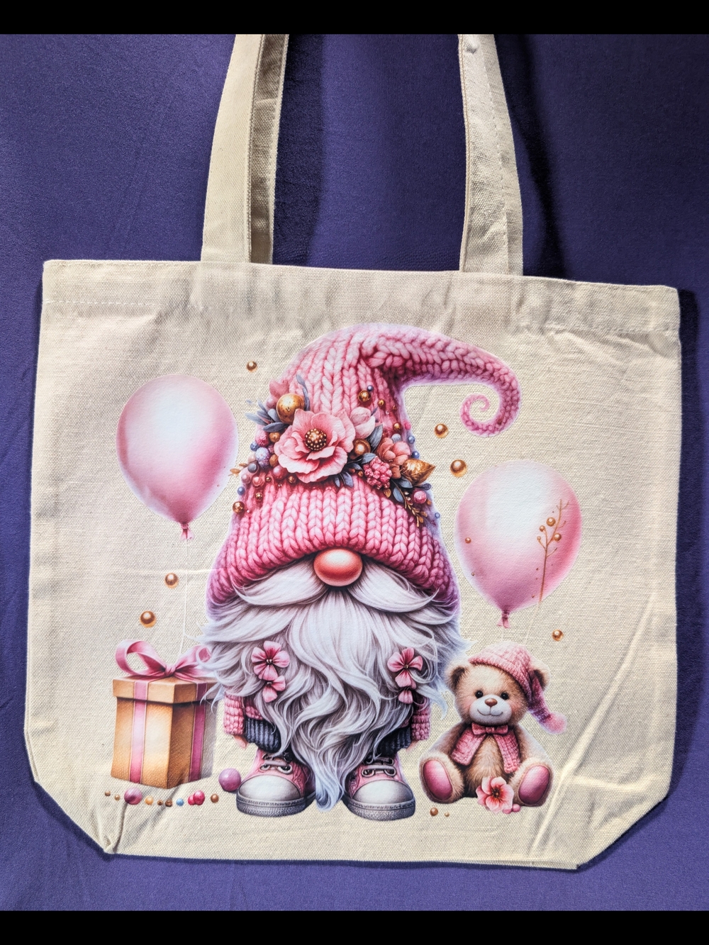 Pink Gnome Canvas Tote Bag with Teddy & Balloons